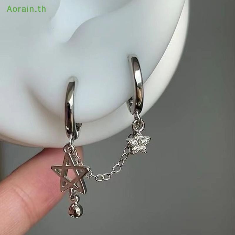 # Anth Beauty# 1PCS เงินสี Star Chain Double Ear Hole หูกระดูกเล็บ Y2K แฟชั่น Hottie ต่างหูผู้หญิงเครื่องประดับ