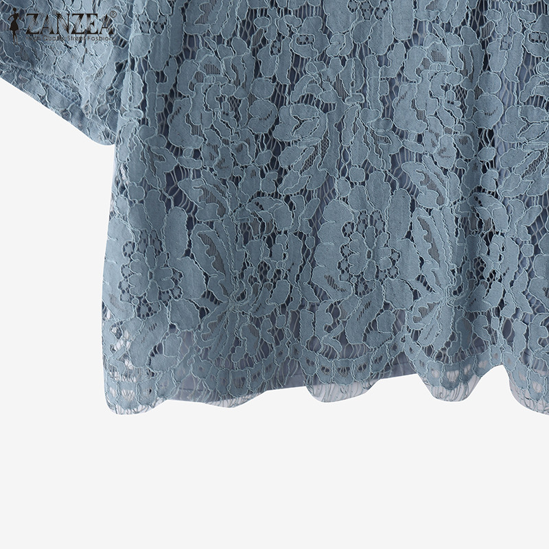 Zanzea ผู้หญิงแขนสั้นลําลองลูกไม้ Patchwork A-Line กระโปรงฤดูร้อนชุดสองชิ้น — صورة 8