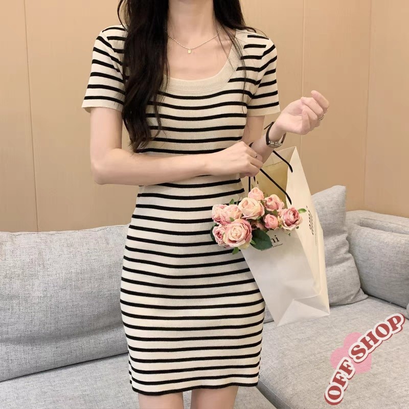 OFF SHOP 🥻 ชุดคลุมท้อง ชุดเดรสไหมพรมแขนสั้น ดีเทลายทางคอกลมน่ารัก (88617)-C - รูปที่ 4