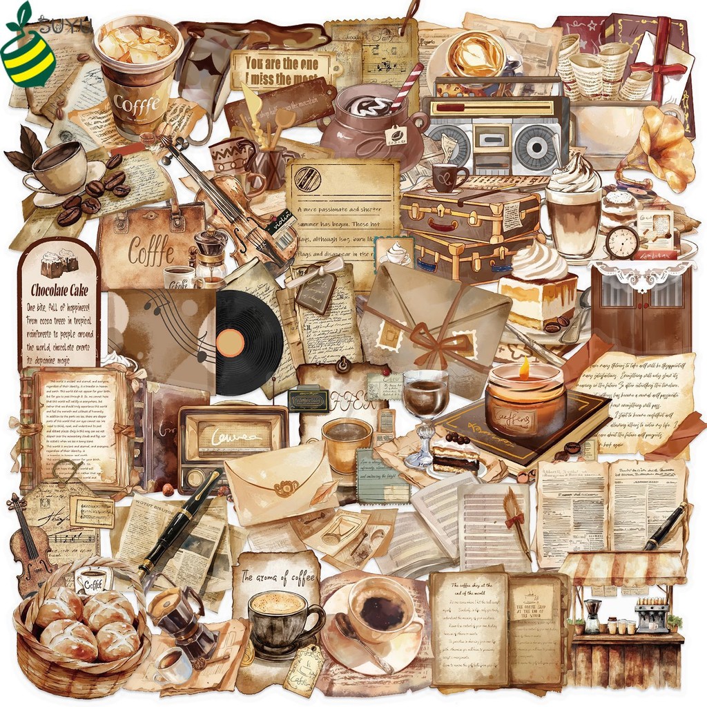 50 ชิ้น Retro กาแฟ PET โปร่งใสสติกเกอร์กันน้ํา, Scrapbook ความงามสติกเกอร์, Vintage ความงามสติกเกอร์, Scrapbook Journaling ขวดน้ําแล็ปท็อป, Scrapbooking Supplies Kit