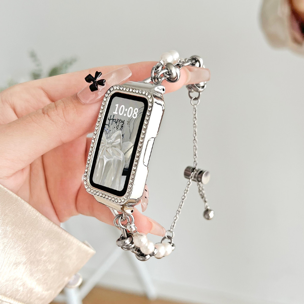 สแตนเลสสตีลเพิร์ลโซ่เพชรสําหรับ Huawei Band 10 9 8 สร้อยข้อมือ Smartwatch สายคล้องคอสําหรับ Huawei Band10 Band9 เครื่องประดับอุปกรณ์เสริม