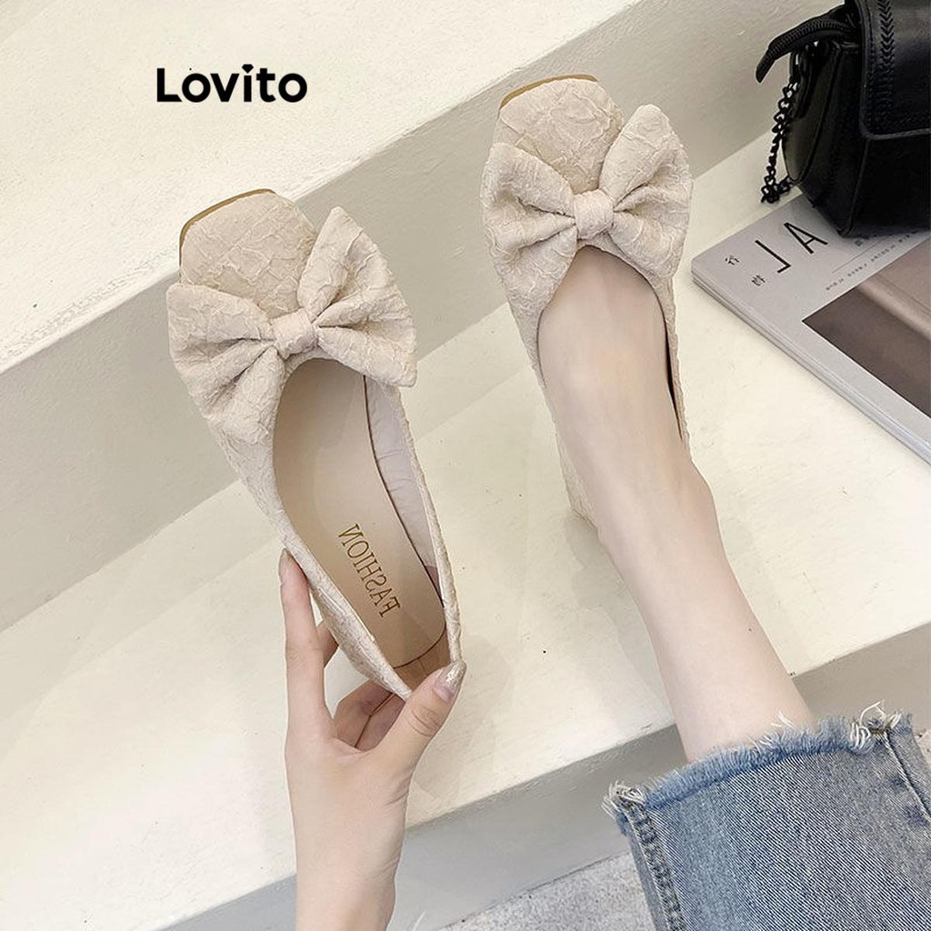 Lovito ลําลองธรรมดาโบว์ประกบอเนกประสงค์ด้านล่างนุ่มกันลื่นบัลเล่ต์แบนสําหรับผู้หญิง LFA59322