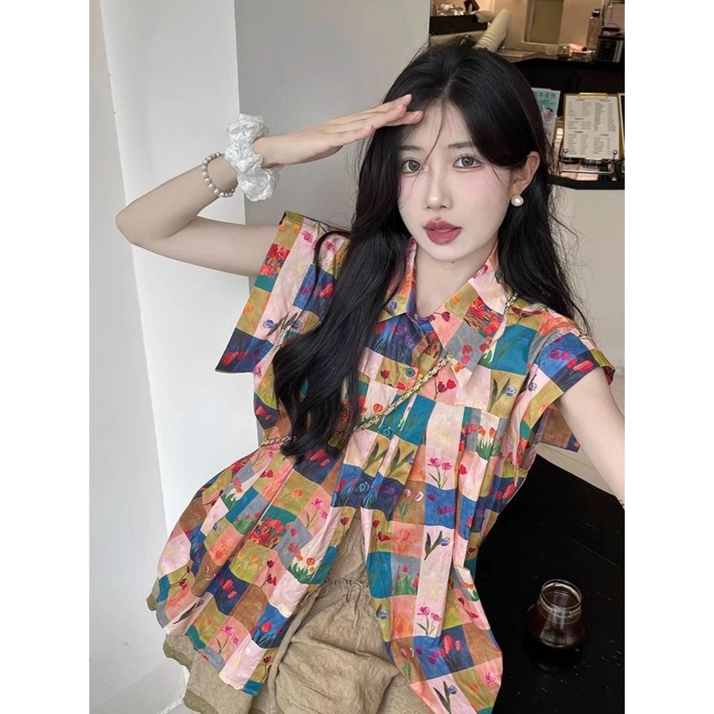 Chili Koko เสื้อเชิ้ตทรงหลวมแขนสั้นลายดอกไม้สไตล์ฝรั่งเศส w579 thumbnail 9