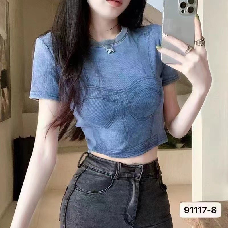 ฤดูร้อนสไตล์ใหม่แฟชั่นลดอายุรอบคอ Chic พิมพ์ All-Match แขนสั้นผู้หญิง Higge เข็มขนแกะ Me ZBTT 4G71