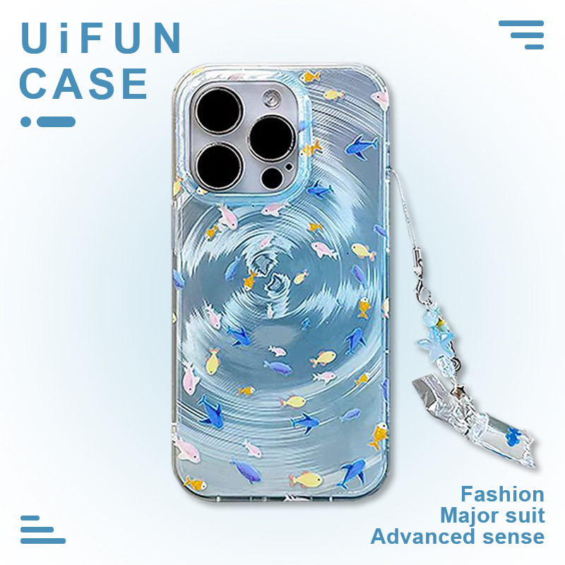 Premium Vortex Blue Multicolor Fish เคสโทรศัพท์สําหรับ iPhone 16 15 14 13 Pro Max 15Pro พร้อมจี้ IMD กันกระแทกมือถือฝาหลัง