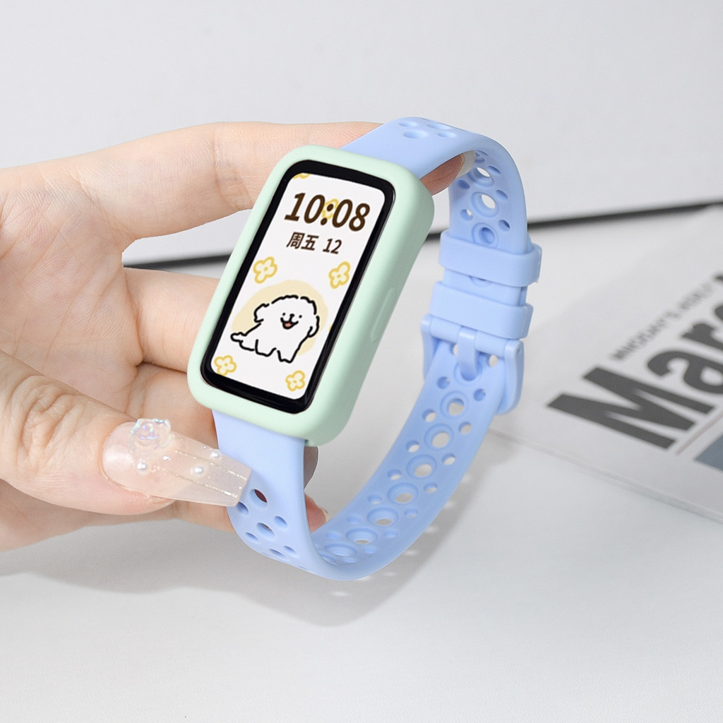 สายรัดพร้อมเคสสำหรับ Huawei Band 10 Band 9 สายรัดข้อมือซิลิโคนอ่อน สายรัดข้อมือแบบสปอร์ต สายนาฬิกาทดแทนที่ระบายอากาศได้สำหรับ Huawei Band 8 /8NFC