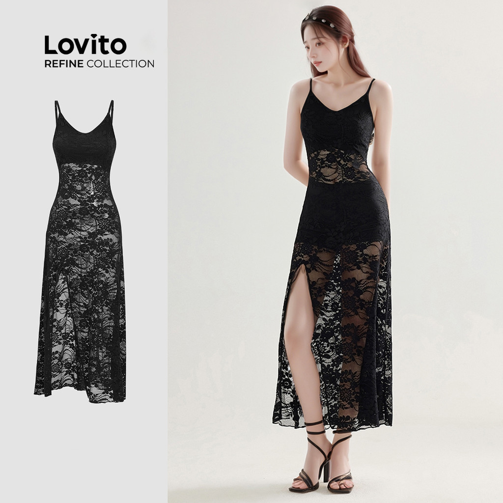 (Lovito Refine)  ชุดเดรสเปิดไหล่ลูกไม้เซ็กซี่สำหรับผู้หญิง L119ADDR046