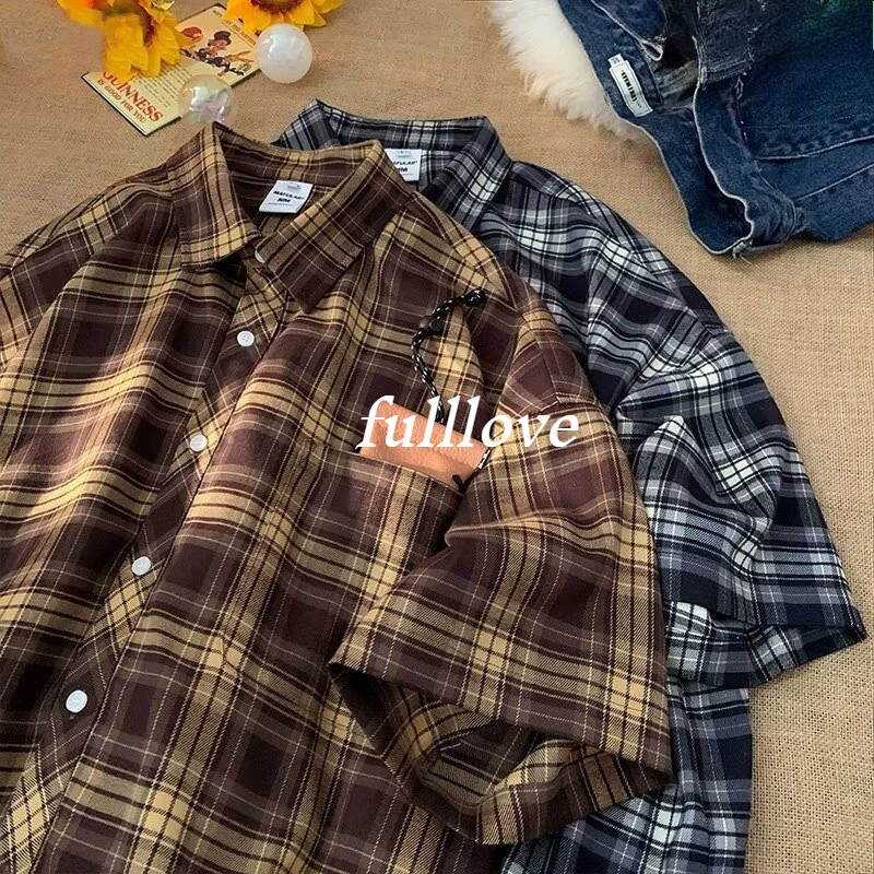 [ส่งไวจากไทย] Fulllove เสื้อเชิ้ตผู้หญิงแขนสั้นเวอร์ชั่นเกาหลี Lattice Retro หลวม High Street Leisure เสื้อลายสก๊อต