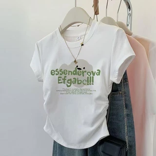 เสื้อยืดแฟชั่นเกาหลีแขนสั้น เสื้อรัดรูปสีขาว เสื้อยืดผู้หญิงน่ารักๆ คอกลม เสื้อยืดผู้หญิง พิมพ์ลาย สไตล์ลำลอง