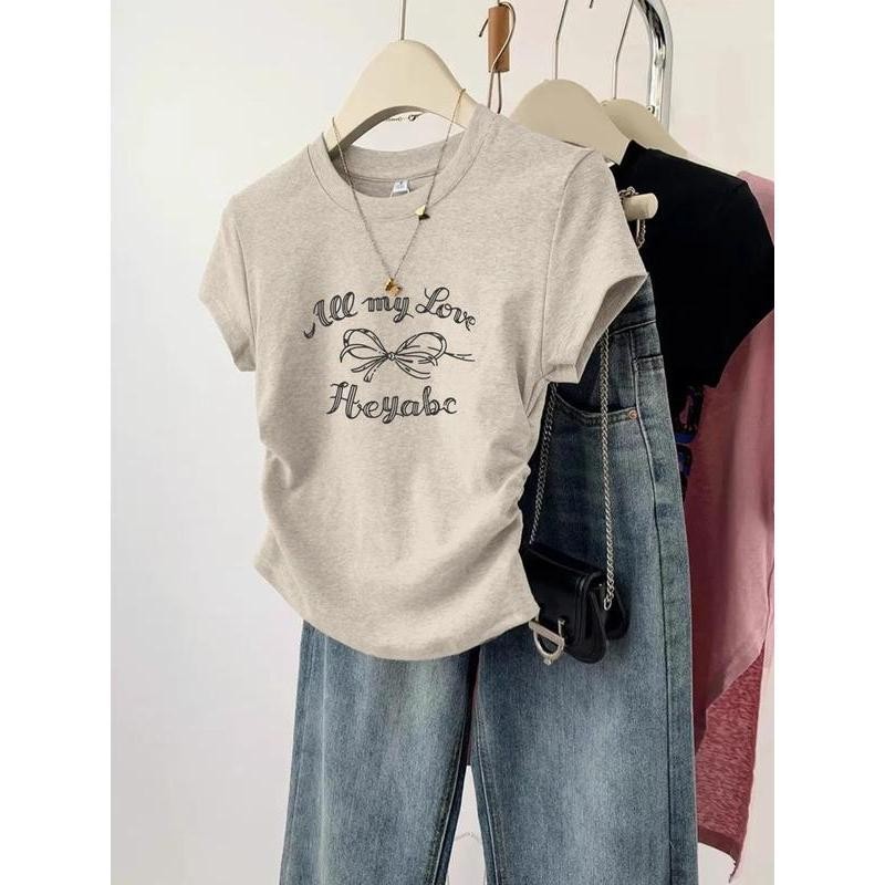 [จัดส่งจากกรุงเทพ] เสื้อยืดแขนสั้น เอวจั้ม เสื้อเอวจั้ม เสื้อยืดผู้หญิง ลายสกรีน เสื้อยืดได้เยอะมาก ผ้าไม่หนา ใส่สบาย