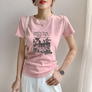 สไตล์ใหม่ของผู้หญิงเสื้อยืด ทรงสลิม แขนสั้น ทำจากผ้าฝ้าย พิมพ์ลายฤดูร้อนใหม่ ท๊อป