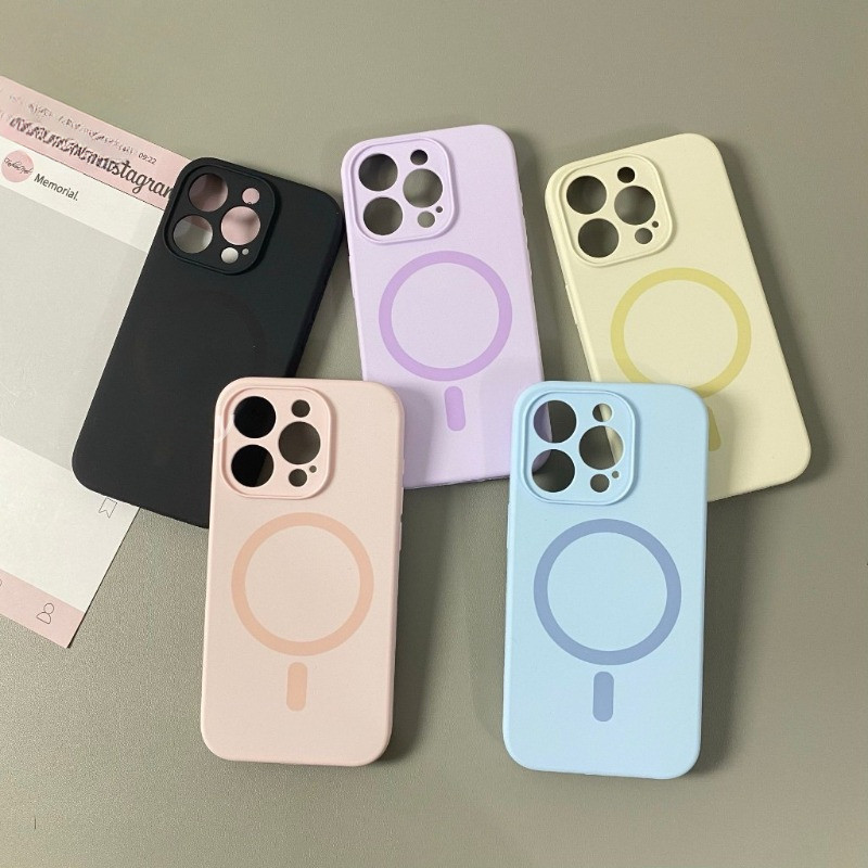 หรูหราซิลิโคนเหลวแม่เหล็กกันกระแทกกรณีโทรศัพท์สําหรับ ไอโฟน 16 12 13 14 15 มือโปร สูงสุด สีทึบชาร์จไร้สายปลอกป้องกันลายนิ้วมือเคลือบปกหลัง
