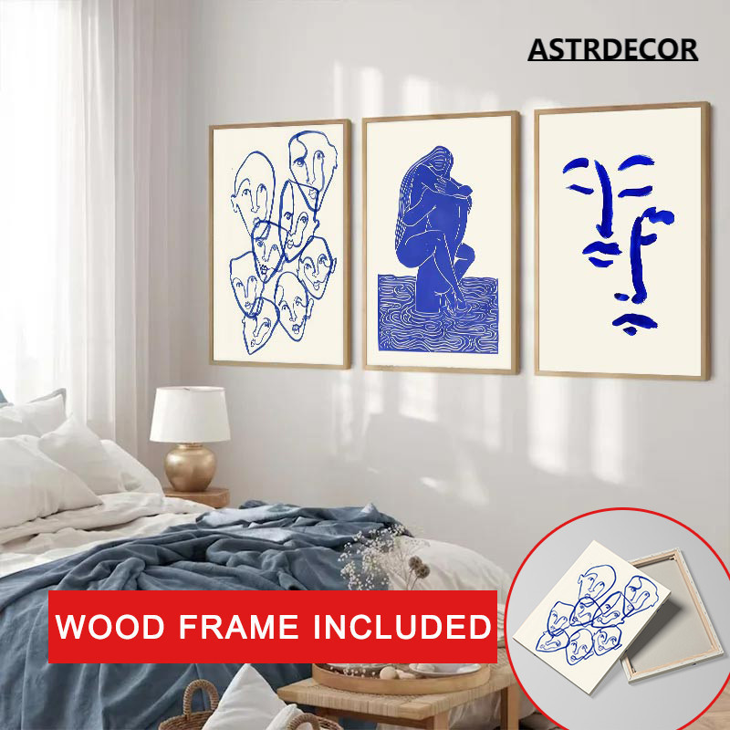 (พร้อมกรอบ) ภาพวาดผ้าใบ รูปแจกันนกพิราบ สีฟ้า สไตล์โมเดิร์น พร้อมกรอบรูปผู้หญิง สําหรับตกแต่งผนัง ห้องนั่งเล่น