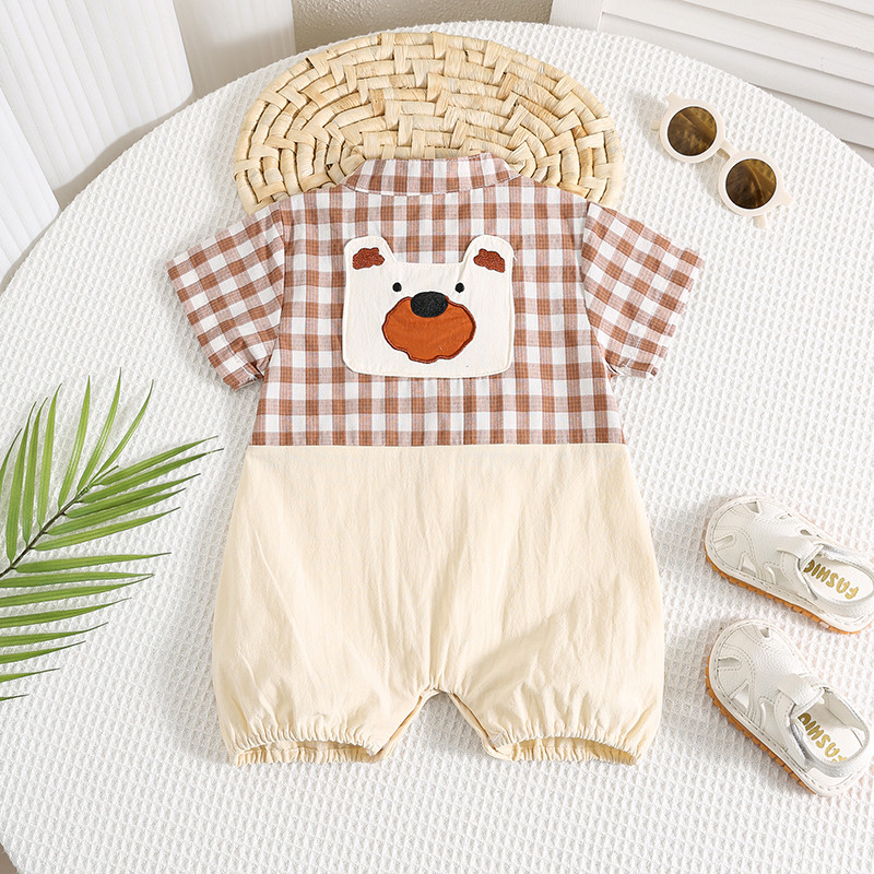 ฤดูร้อนใหม่เสื้อผ้าเด็กชายและหญิงแขนสั้นสุภาพบุรุษ Bodysduit 0-28 เดือนเด็กโบว์ลายสก๊อต Splicing สไตล์อังกฤษวันเกิด Christening Romper - รูปที่ 2