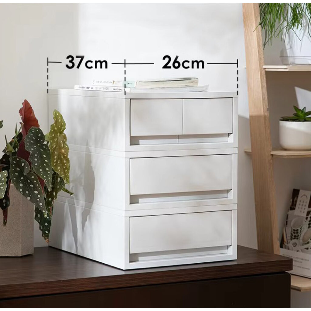 Omocha | Lengthways Drawer Storage Organizer Box กล่องเก็บของ ลิ้นชักทรงลึก สีขาวขุ่น วางซ้อนได้