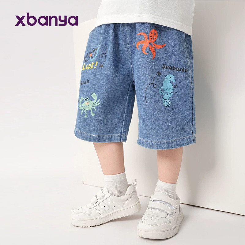 [90-140] เด็กชายพิมพ์กางเกงขาสั้นผ้ายีนส์เด็กกลางกางเกงกางเกงฤดูร้อน ยู16041