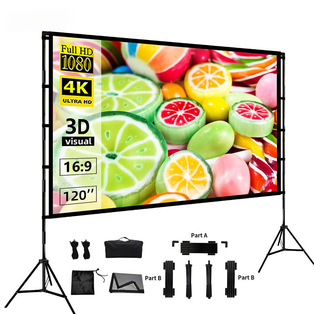 โปรเจคเตอร์หน้าจอ สีเทา น้ําหนักเบา พร้อมขาตั้ง 84 100 120 นิ้ว 16:9 2024 สําหรับดูหนังในร่ม กลางแจ้ง