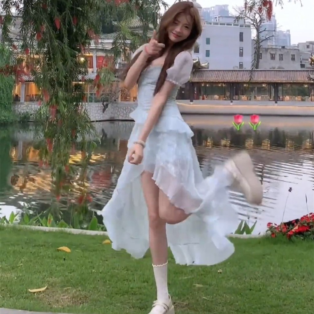 ส่งจากกรุงเทพฯ ฝรั่งเศส ฤดูร้อน แขนบิน ชุดเดรส หญิง กระโปรงหน้าสั้นและหลังยาวไม่สม่ำเสมอ