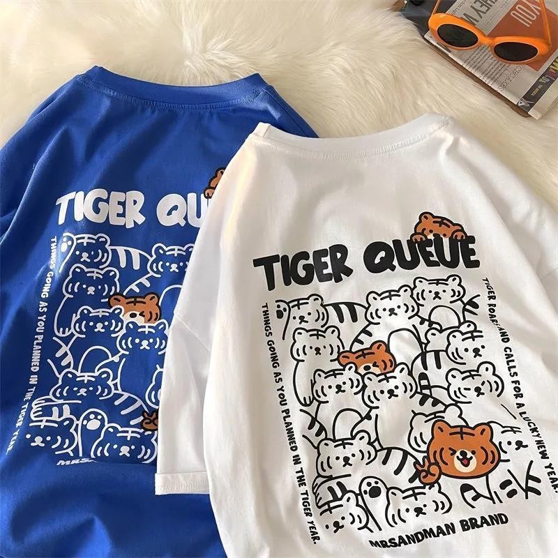 【เสื้อยืดเด็ก】เสื้อยืดคอกลม แขนสั้น ผ้าฝ้าย 100% พิมพ์ลายการ์ตูนเสือ แฟชั่นฤดูร้อน สําหรับเด็กผู้ชาย และเด็กผู้หญิง (1-14 ปี)