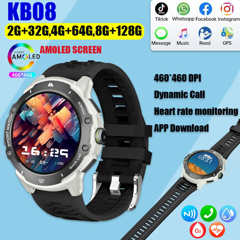 KB08 สมาร์ทวอท์ช 1.43 AMOLED HD จอแสดงผล 128G ROM Smartwatch 200W กล้อง GPS Wifi Google Play Dynamic