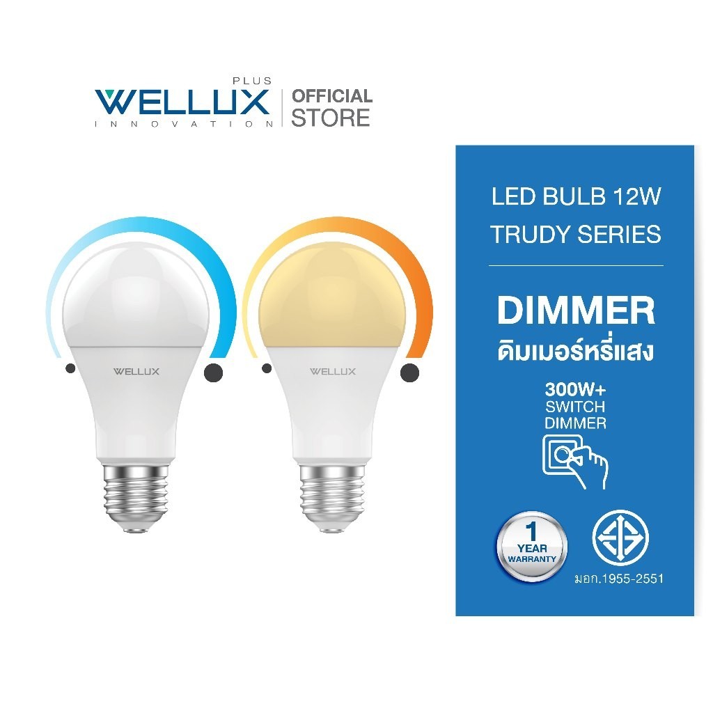 [DIMMER300W+]WELLUX หลอดไฟดิมเมอร์หรี่แสงไฟได้ 12W แสงขาว แสงวอร์ม LED BULB DIMMER ขั้ว E27 TRUDY SE