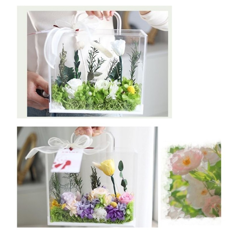 คอนส์ แบบพกพาอะคริลิคมือถือดอกไม้กล่องถุงใสสําหรับงานแต่งงานและหมั้น