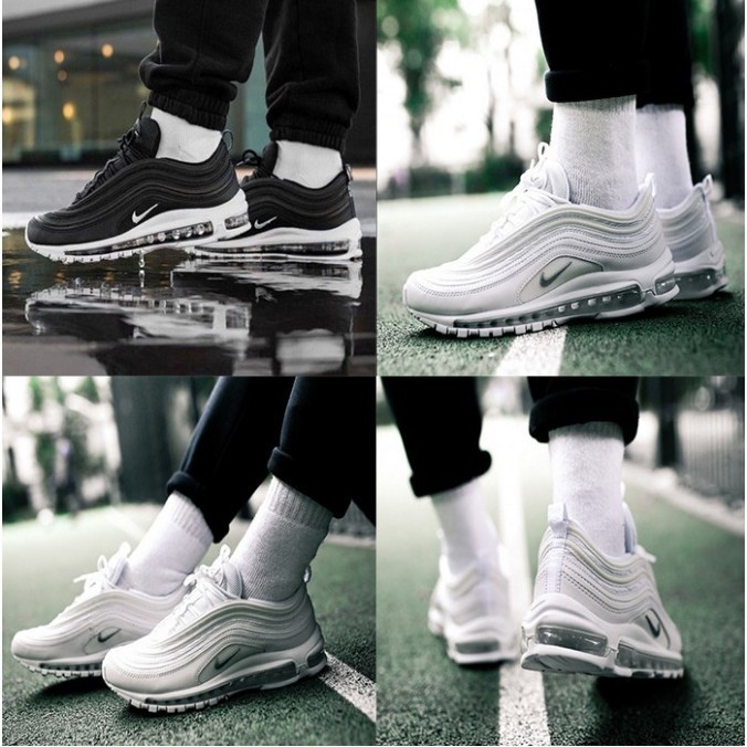 Nike Air max 97 Silver Bullet Bullet Shoes max97 3M Reflective White Black White Air Cushion รองเท้าผู้ชายรองเท้าผู้หญิงรองเท้ากีฬารองเท้าวิ่งจ๊อกกิ้ง