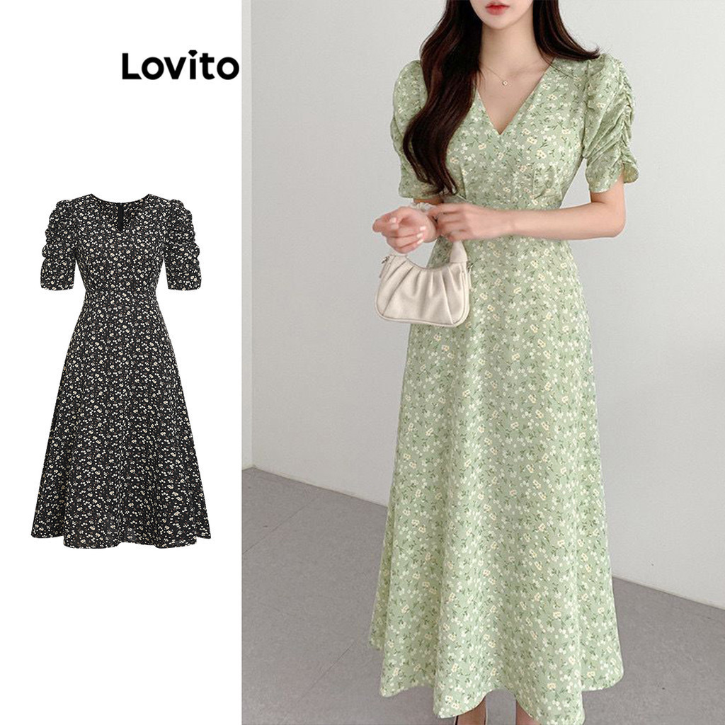 Lovito ชุดเดรสผู้หญิง แขนพอง แต่งจีบ ลายดอกไม้ สไตล์ลำลอง L74ED306