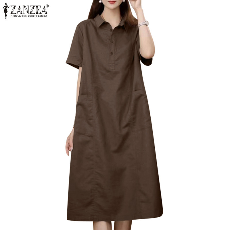 Zanzea ผู ้ หญิงแฟชั ่ นเกาหลี Turn-Down-Collar แขนสั ้ นกระเป ๋ าด ้ านข ้ าง Shirtdresses