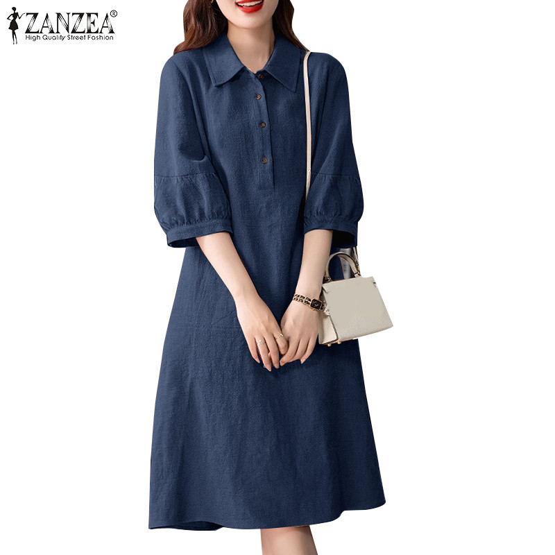 Zanzea ผู ้ หญิงเกาหลีครึ ่ งกระเป ๋ าเสื ้ อคอปก 3/4 แขนปุ ่ มหลวมชุด