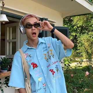 หลวมคู่อเมริกันย้อนยุควาฟเฟิลเสื้อเชิ้ตปักแขนสั้นลายดอกไม้สีสันสดใส