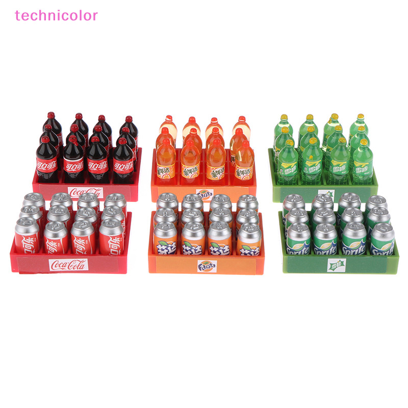 [technicolor ] 1 ชุด 1 กล ่ อง 12 Dollhouse Miniature Soda Drink Plus Tray Model DIY Accessories Toys New Stock
