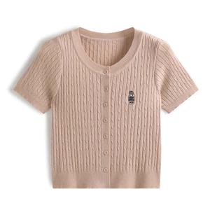 Gakki เสื้อยืดแขนสั้นปักหมี เสื้อสเวตเตอร์แขนสั้นผู้หญิง พร้อมส่ง 72056#