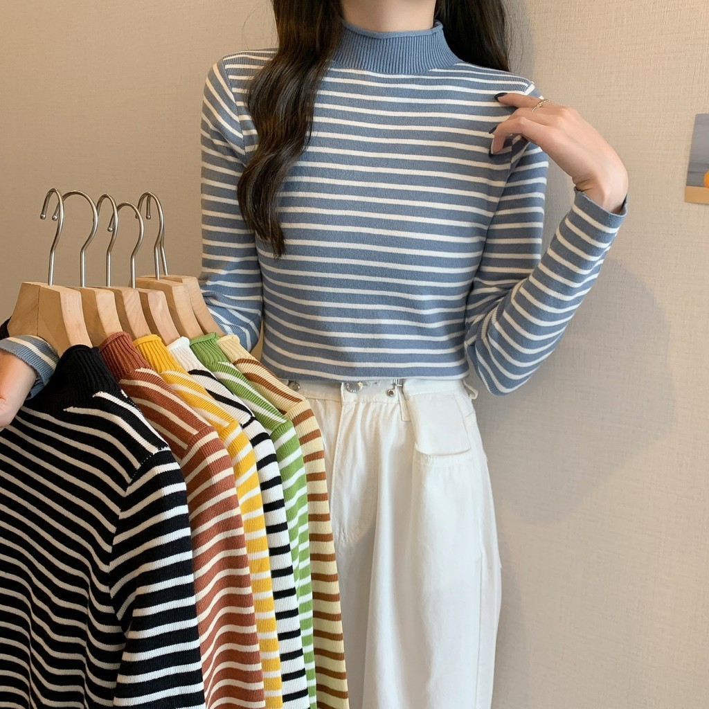 Dahong เสื้อคอเต่าไหมพรมแขนยาว ลายทาง ผ้าถัก ทรงสลิมฟิต แฟชั่นฤดูใบไม้ร่วง 7 สี 9703