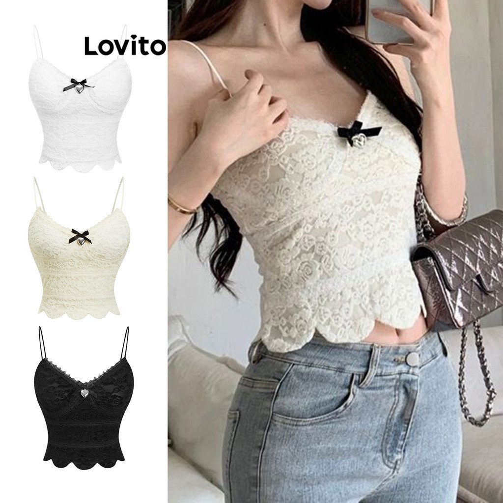 Lovito เสื้อสายเดี่ยวผู้หญิง แต่งลูกไม้ แต่งโบว์ สีพื้น สไตล์ลำลอง L80ED135