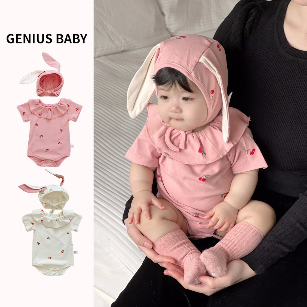 เด็กสาวเชอร์รี่แขนสั้น ชุดรอมเปอร์ + หมวกฤดูร้อนเสื้อผ้าเด็กทารกบางน่ารักกระต่าย ชุดรอมเปอร์ สามเหลี่ยมปีนเขาเสื้อผ้า ชุด กับหม