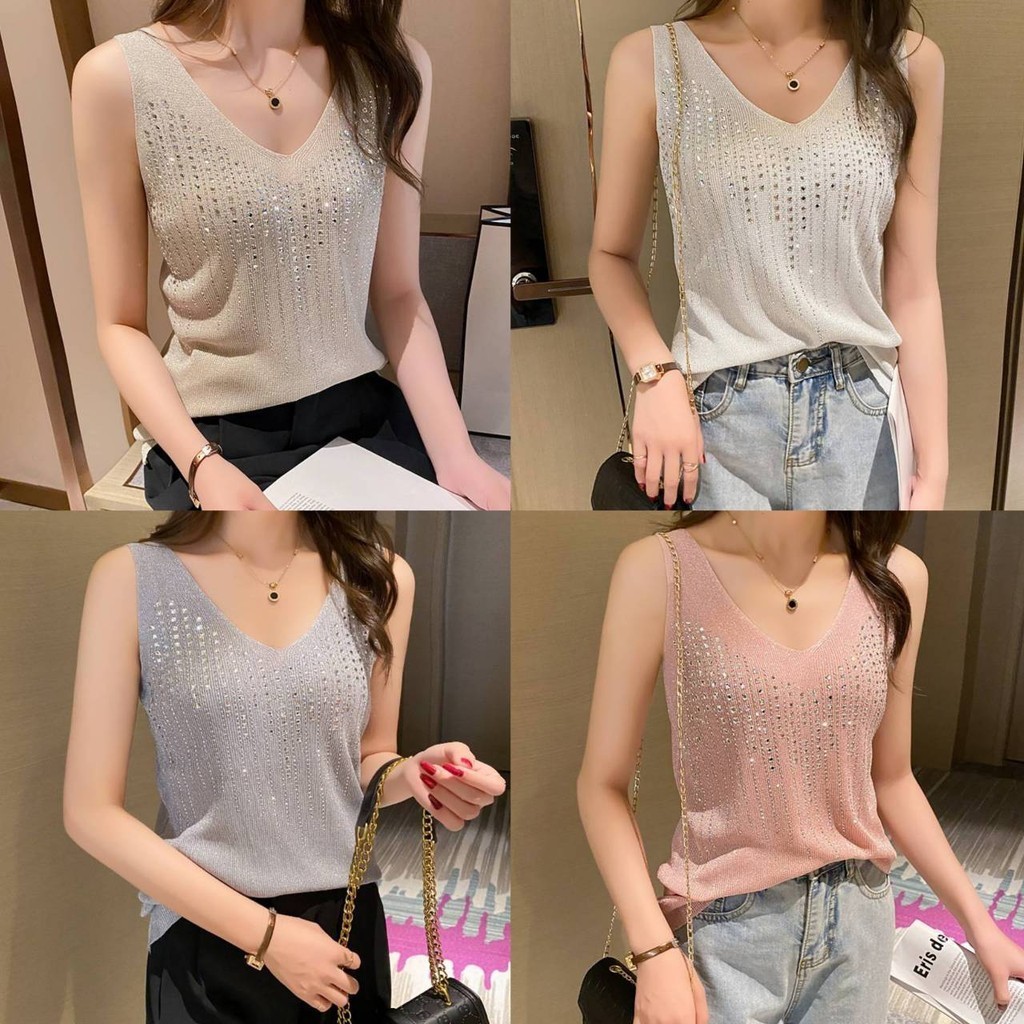 เสื้อไหมพรมผ้าวิ้งๆ เสื้อแขนกุดผู้หญิงเสื้อแฟชั่นผู้หญิง ผ้าดีใส่เย็นสบาย เสื้อผ้าผู้หญิงคอวี