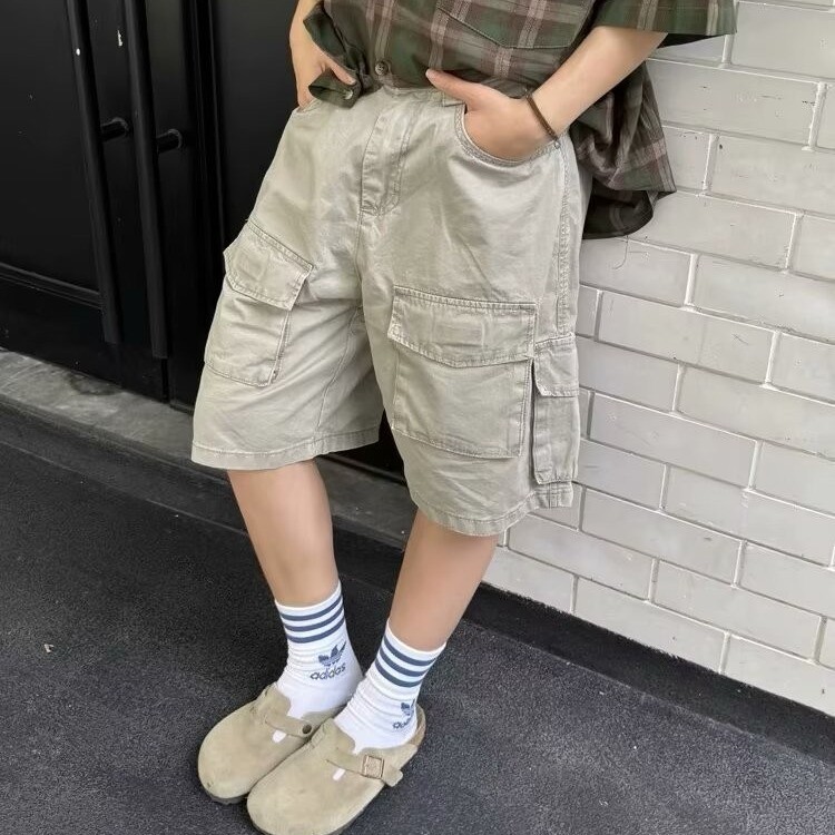 Retro ล ้ าง Distressed Multi-Pocket Workwear กางเกงขาสั ้ นฤดูร ้ อนญี ่ ปุ ่ น High Street Casual หลวมตรง Unisex สไตล ์ กางเกงขาสั ้ น