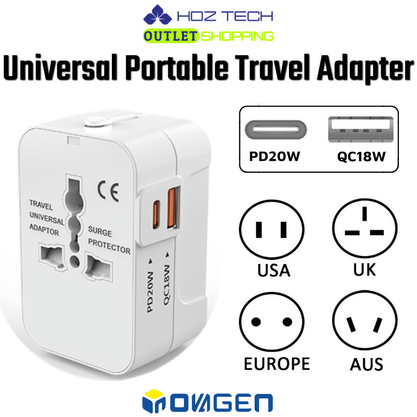 Inovagen ที่ชาร์จทั่วโลก, อะแดปเตอร์สําหรับเดินทางอเนกประสงค์, PD 20W + QC 18W ชาร์จเร็ว, EU AU UK All In One ตัวแปลงการชาร์จ