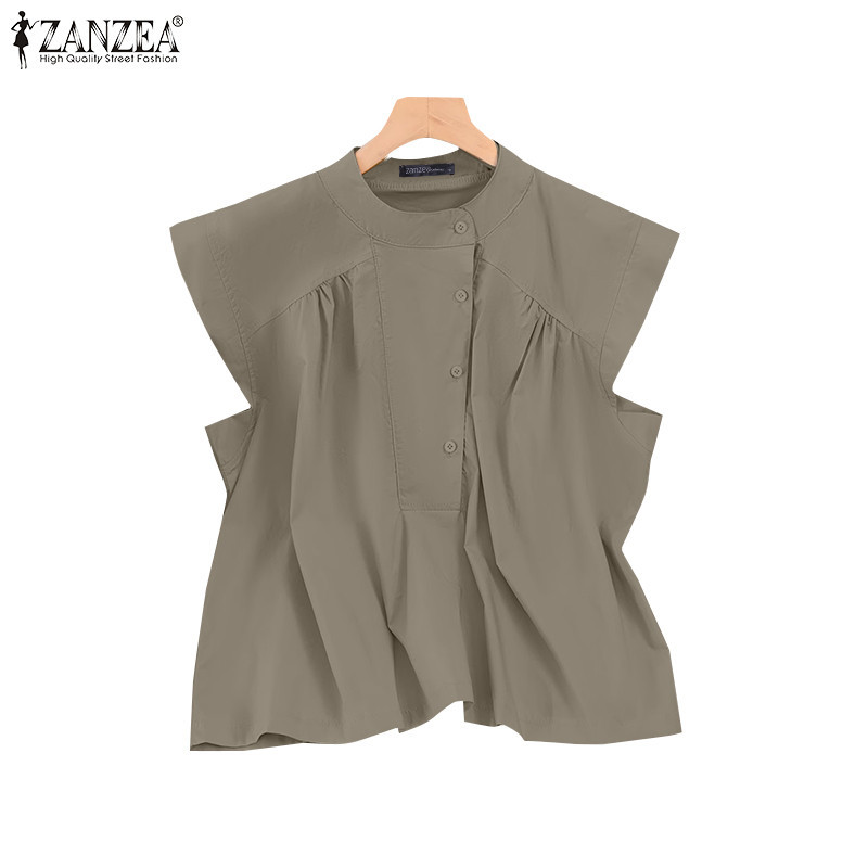 Zanzea ผู ้ หญิงเกาหลีคอกลมแขนบิน Shrunken Pleats ครึ ่ งกระเป ๋ าเสื ้ อ