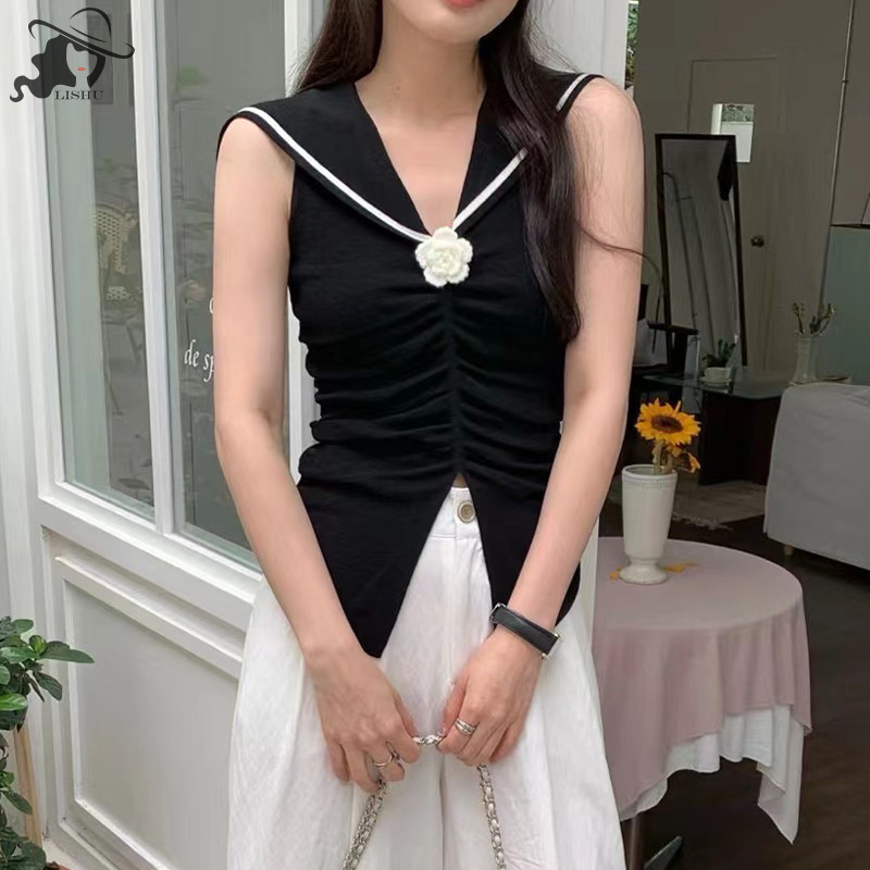 Lishu เกาหลีแฟชั ่ น Navy Collar ถัก Camisole ผู ้ หญิงจีบ Chic 3D ดอกไม ้ แขนกุด Slim Top th