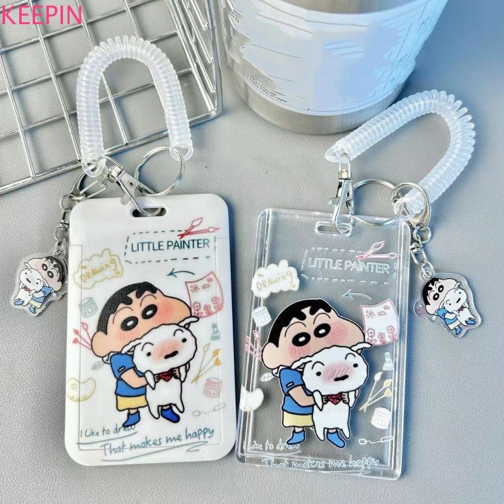 Keepin ปลอกการ์ดใส, ที่ครอบบัตรประจําตัวพวงกุญแจ เคสการ์ดการ์ตูน, เชือกสปริงน่ารัก Crayon Shin-chan Kt Cat Bus Card Holder Work