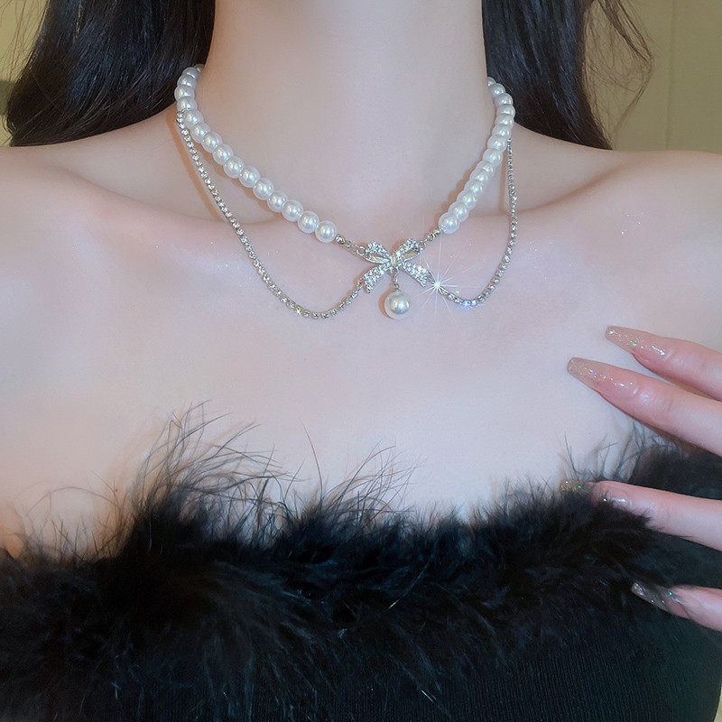 Bling Bowknot Pearl Sweet Girl Super Fairy สร ้ อยคอหัวใจกระดูกไหปลาร ้ าโซ ่
