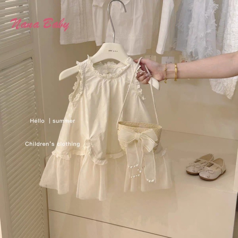 Nana ชุดเดรสเด็กผู้หญิงฤดูร้อนระดับไฮเอนด์ปี 2024 เด็กใหม่สีขาวซุปเปอร์นางฟ้าชุดเสื้อกั๊กฝรั่งเศสชุดเจ้าหญิง