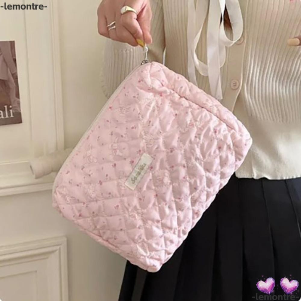 Lemontre กระเป๋าเครื่องสําอาง ผ้าฝ้าย แบบนิ่ม มีซิป สองชั้น ระบายอากาศ สีชมพู สําหรับผู้หญิง