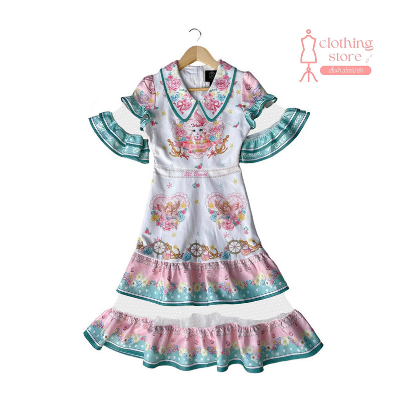 มือสอง BLT BRAND การันตีเสื้อผ้าแบรนด์แท้ มินิเดรส ยาวสีขาวพิมพ์ลายน้องกวาง MARINA PINK
