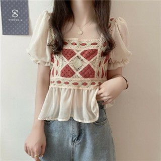 Glassy Sky 💖พร้อมส่ง💖เสื้อสเวตเตอร์แขนสั้น ดีเทลแขนโปร่ง สไต…