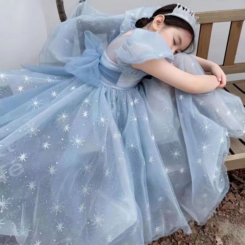 2023สาวเจ้าหญิงเอลซาเกล็ดหิมะปักผ้ากอซชุดกระโปรงขนาดใหญ่เจ้าหญิงเอลซาชุดยาว 6.19