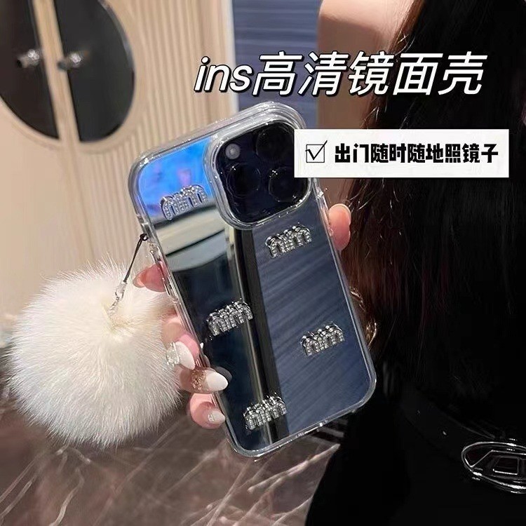 กระจกแฟชั่นกรณีพร้อมจี้ Hairball เคสโทรศัพท์สําหรับ Iphone 16 15 Pro Max 14 Pro Max 13 11 12 Pro Max นุ่มป้องกันกันกระแทก