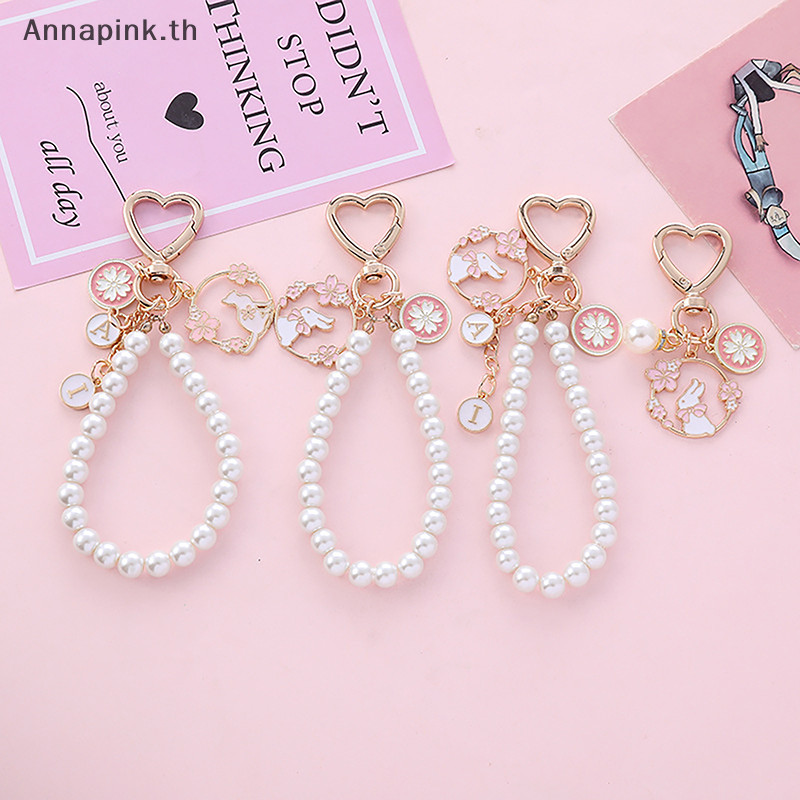 Annapink.th สีชมพูหวาน Cherry Blossoms Key Chain กระต่ายโทรศัพท์จี้ Pearl Letter รถ Key แหวนหูฟัง Ch กระเป๋าอุปกรณ์ตกแต่ง EN